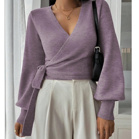 Cozy Solid V neck Wrap Side Tie Knit Cropped Sweater Top - Picture 2 of 7